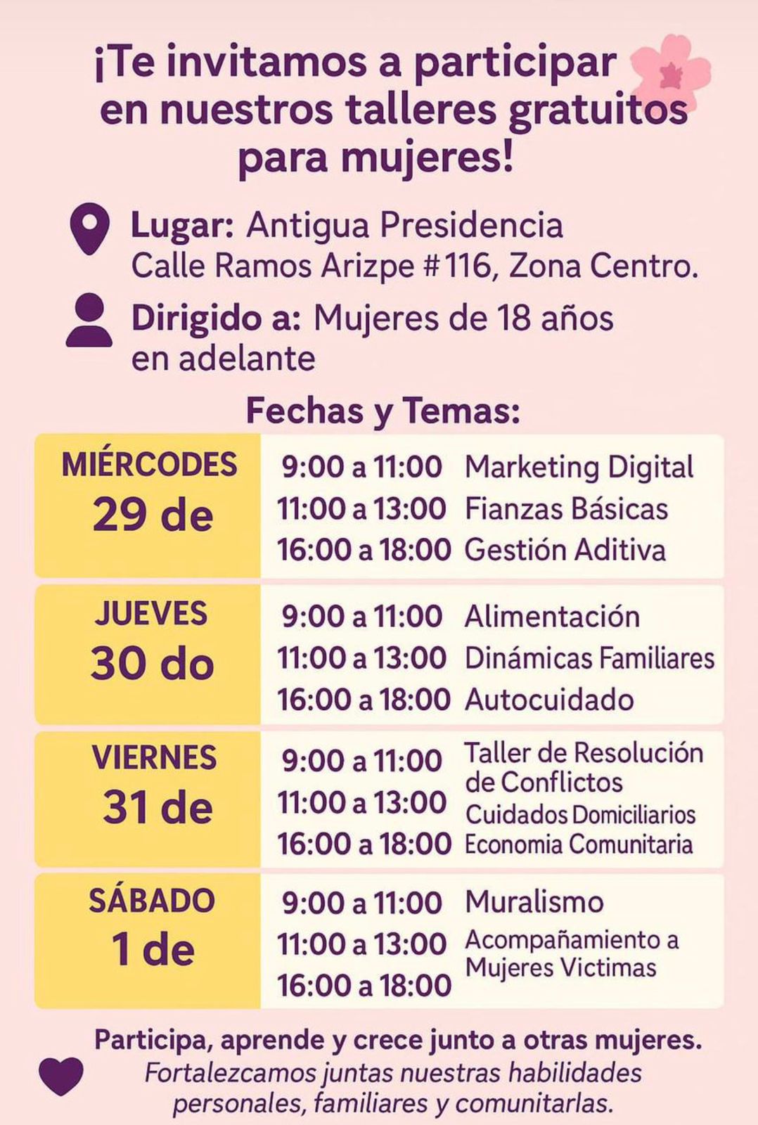 Invitan a mujeres de Parras a participar en talleres gratuitos para el ...
